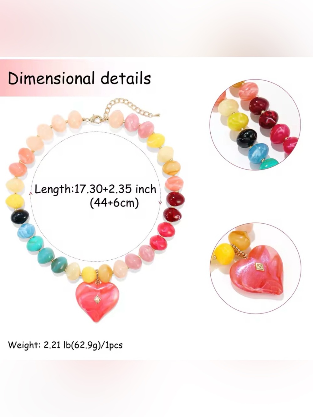 Rainbow Beaded Necklace with Pink Heart Pendant - Picture 3 of 7